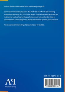 EU-Verordnungstext über Tiergesundheitsbescheinigungen, Datum: 27.03.2024. Unten links Logo „Antiphon Verlag“.