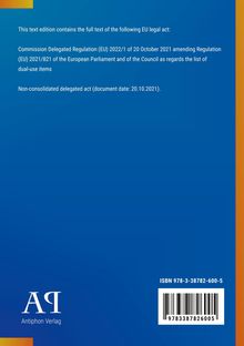 Texthinweis zu EU-Gesetz: EU 2022/1 vom 20. Oktober 2021. Nicht konsolidierter delegierter Rechtsakt. ISO, barcodes.
