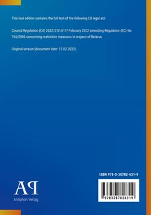Text zu EU-Verordnung 2022/212 über Belarus. Logo mit "Α" und "Antiphon Verlag". Blauer Hintergrund mit Farbverlauf.