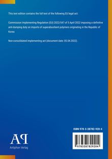 EU-Verordnung zu Anti-Dumping-Maßnahmen erwähnt, viel Blau, Logo "AA", ISBN sichtbar.