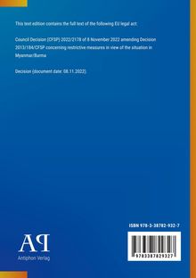 Council Decision (CFSP) 2022/2178; Myanmar/Burma Maßnahmen. Logo links unten. ISBN und Barcode unten rechts.