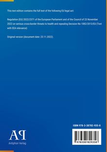 Regulation (EU) 2022/2371 über grenzüberschreitende Gesundheitsbedrohungen, Originaldatum: 23.11.2022. Blaues Hintergrunddesign.