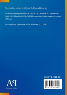 EU-Verordnung zu restriktiven Maßnahmen gegen Belarus. Erscheinungsdatum 02.12.2021. Blau mit Verlag-Logo. ISBN.