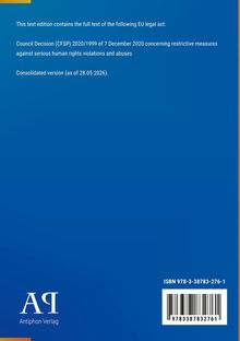 Text über EU-Beschluss 2020/1999 zu Menschenrechtsverletzungen. Logo: Antiphon Verlag, ISBN und Barcode unten rechts.