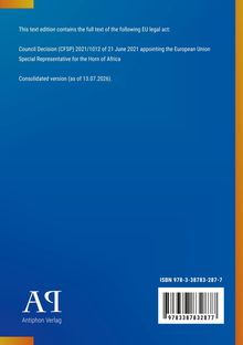EU-Rechtsakt: Ratsbeschluss 2021/1012 vom 21. Juni 2021. Logo: Weißer "A" auf blau. ISBN und Barcode unten rechts.