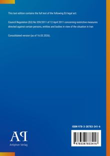 Blauer Hintergrund mit EU-Rechtsakt-Text, ISBN-Nummer und Logo der Antiphon Verlag, rechte orange Linie.