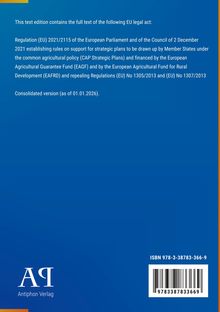 Text über EU-Verordnung 2021/2115, landwirtschaftliche Strategien. Blaues Design, Antiphon Verlag Logo unten links. ISBN rechts.
