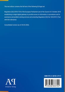 Text über EU-Verordnung 2018/1724 bezüglich digitalem Zugang. Konsolidierte Version ab 20.05.2026. Unten ISBN und Verlag.
