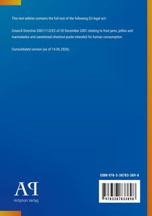 EU-Richtlinie zu Frucht-Konfitüren. ISBN 978-3-38783-389-8. Blau gefärbter Hintergrund mit Verlag-Logo Antiphon.