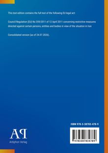 Textausgabe des EU-Gesetzes No 359/2011 über restriktive Maßnahmen gegen bestimmte Personen in Iran. Blauer Hintergrund.