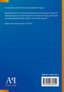 Text über die EU-Verordnung 2021/817 zum Erasmus+ Programm. Unten links ein Logo mit "AQ Antiphon Verlag".