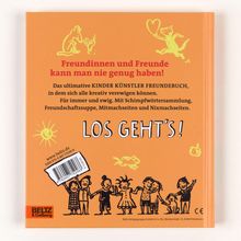 „Freundinnen und Freunde kann man nie genug haben!“ Unten eine Zeichnung von fröhlichen Kindern, oben ein tanzender Hund.