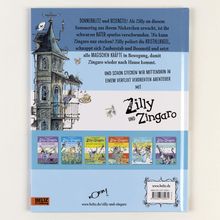 Text: "DONNERBLITZ und BESENSTIL!..", "Zilly und Zingaro", "www.beltz.de". Illustration: Zauberhaus mit Charakteren. Unten Buchcover.