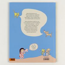 "Manchmal kommt es zu Missverständnissen..." steht in einer Sprechblase. Illustration: Kind, Katze, Hund. Farbenfrohes Design.