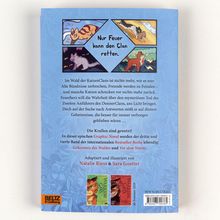 Rückseite eines Buches mit dem Text: "Nur Feuer kann den Clan retten." Enthält Buchbeschreibung, blaue Hintergrundillustration und zwei Buchcover.