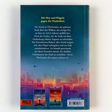 Text: "Mit Mut und Flügeln gegen die Dunkelheit" und ein Klappentext über Astrid und die Stadt Überlondon. Unten zwei Buchcover.