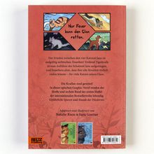 Text oben: "Nur Feuer kann den Clan retten."
Beschreibung: Vier Szenen von Katzengeschichten. 
Text darunter beschreibt den Inhalt einer Graphic Novel. Darunter sind zwei Buchcover abgebildet.