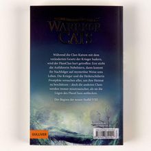 „Warrior Cats“ steht oben. Darunter ein Text über Herausforderungen des FlussClans und der Beginn der Staffel VIII. Unten „GULLIVER“.