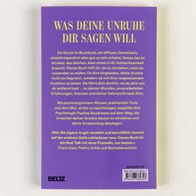 Text: "WAS DEINE UNRUHE DIR SAGEN WILL". Buchrückseite in Lila mit gelber Schrift, BELTZ Logo unten.