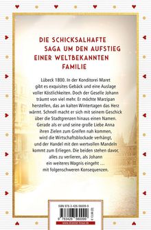 Ein Buchcover mit rotem Text in Großbuchstaben: "Die schicksalhafte Saga um den Aufstieg einer weltbekannten Familie". Darunter eine Kurzgeschichte über Lübeck 1800 und den Gesellen Johann, der Marzipan herstellen möchte, um seinen Träumen zu folgen. In der Geschichte wird eine wirtschaftliche Blockade erwähnt, die die Protagonisten vor großen Herausforderungen stellt. Der Hintergrund hat ein Muster aus Herzen und Punkten. 