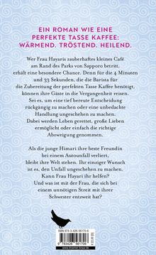 „Ein Roman wie eine perfekte Tasse Kaffee: Wärmend. Tröstend. Heilend.“ Hintergrund: Blaue Spiralmuster.