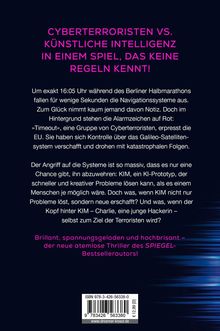 "CYBERTERRORISTEN VS. KÜNSTLICHE INTELLIGENZ IN EINEM SPIEL, DAS KEINE REGELN KENNT!" Text in kräftigem Rosa auf dunklem Hintergrund. Darunter Beschreibung eines Thrillers und ISBN-Nummer.