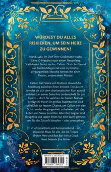Eine türkis-goldene Buchrückseite mit floralen Verzierungen enthält Text über Liebe und Abenteuer im Irland des 15. Jahrhunderts.