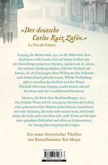 Ein Zitat beschreibt Kai Meyer als "der deutsche Carlos Ruiz Zafón." Der Text erzählt von zwei Geschichten aus Leipzig 1930 und Monaco 1970.