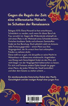 Der Text beschreibt eine willensstarke Näherin im Bologna von 1575, die gegen Widerstände und Ungerechtigkeit kämpft. Ornamente schmücken die Ecken.