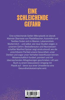 "EINE SCHLEICHENDE GEFAHR" steht groß auf lila Hintergrund. Darunter Text über Mikroplastik-Gefahren und Manfred Spitzer.