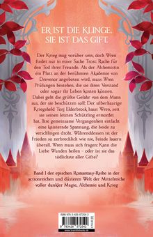 Er ist die Klinge. Sie ist das Gift. Roter Blätterrahmen, stilisierte Architektur, Text über Rache, Prüfungen und Liebe.