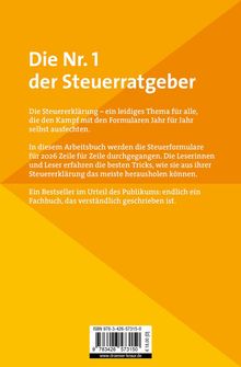 Gelber Hintergrund mit Text: "Die Nr. 1 der Steuerratgeber" und Infos zur Steuererklärung und Buchpreis. ISBN angezeigt.