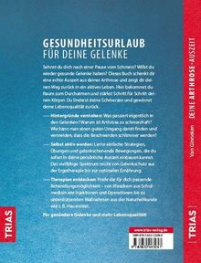 **Titel:** Gesundheitsurlaub für deine Gelenke - Eine Arthrose-Auszeit  
**Text:** Ermöglicht eine Pause von Arthrose, bietet Infos, Strategien, Übungen und Therapien für gesunde Gelenke.  
Rechter Rand: Van Griensven - Eine Arthrose-Auszeit.   
**Farben:** Blaues Design mit rotem Rand.