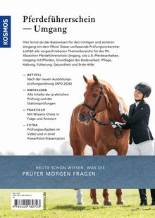 Text über Pferdeführerschein-Themen. Rechts steht eine Person mit Helm neben einem braunen Pferd. Logo links: "KOSMOS".
