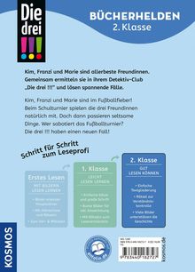 Logo "Die drei !!!"; Text über Kim, Franzi, Marie, Detektiv-Club, Fußballfieber, Schulturnier. Leserlevel 1-2 Klasse.