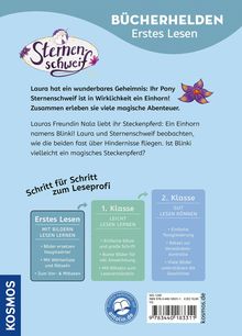 Eine Illustration mit dem Titel "Bücherhelden - Erstes Lesen", Logo mit Einhorn. Text über Lauras Abenteuer mit Sternenschweif.