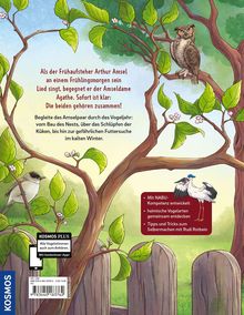 Text: "Als der Frühaufsteher Arthur Amsel..."; Illustration: Bäume mit Vögeln, eine Eule sitzt auf einem Ast.