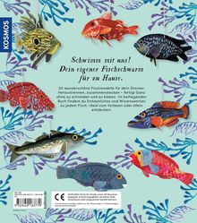 "Schwimm mit uns! Dein eigener Fischschwarm für zu Hause." Illustrationen von bunten Hängefischen und Seepflanzen.