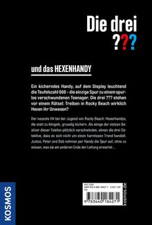 "Die drei ??? und das HEXENHANDY" steht oben. Eine rätselhafte Geschichte mit kichernden Handys in Rocky Beach. Links ist ein KOSMOS-Logo.