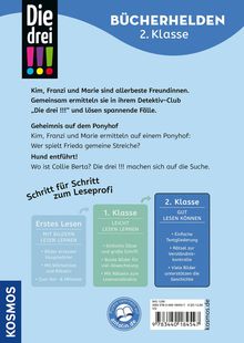 Titel: "Bücherhelden 2. Klasse". Detektiv-Club löst Fälle. Abschnitte: Geheimnis auf Ponyhof, Hund entführt. Lesestufen erklärt.
