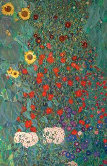 Illustration: Dichte grüne Vegetation mit leuchtenden Sonnenblumen, roten und blauen Blumen in einem lebhaften, natürlichen Mix.