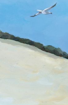 Keine Texte vorhanden. Eine Möwe fliegt über Dünen und Bäume, vor klarem blauem Himmel. Malerei.