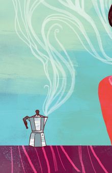 Illustration: Eine Moka-Kanne mit dampfenden, weißen Linien auf blauem Hintergrund, rosa Fläche rechts.