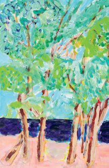 Gemälde: Lebendige Bäume mit grünen Blättern vor blauem Himmel und dunklem Hintergrund, impressionistischer Stil.