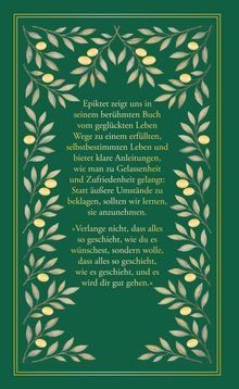 Text auf grünem Hintergrund: "Epiktet zeigt uns... Verlange nicht, dass alles so geschieht...” Mit Olivenzweigen verziert.
