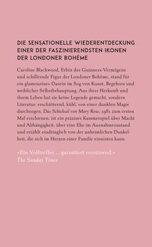 Text über Caroline Blackwood als faszinierende Figur der Londoner Bohème, mit Zitat: „Ein Volltreffer ... garantiert verstörend.“