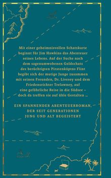 Text über ein Abenteuer von Jim Hawkins mit Schatzsuche. Umrandet von stilisierten goldenen Kartenmotiven.
