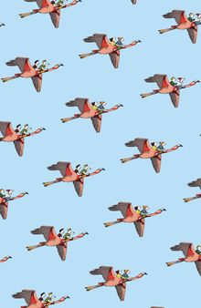 Illustration: Mehrere Paare, die auf großen Flamingos reiten, auf blauem Hintergrund.