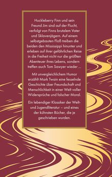 Text über Huckleberry Finn und Jim auf der Flucht, verziert mit wellenartigen, gelben Mustern auf rotem Hintergrund.