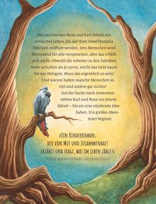 Text über Rosa und Karl, die auf der Insel Feudalia leben. Ein Papagei sitzt auf einem Ast vor einem farbenfrohen Hintergrund.